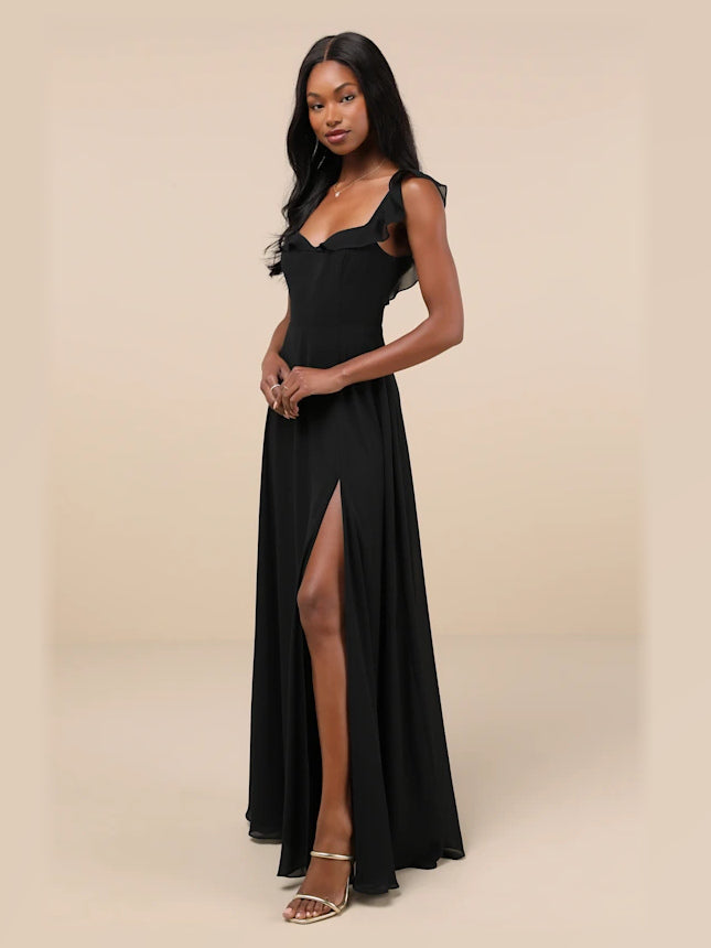 Black formal dress with a-line silhouette and maxi length
