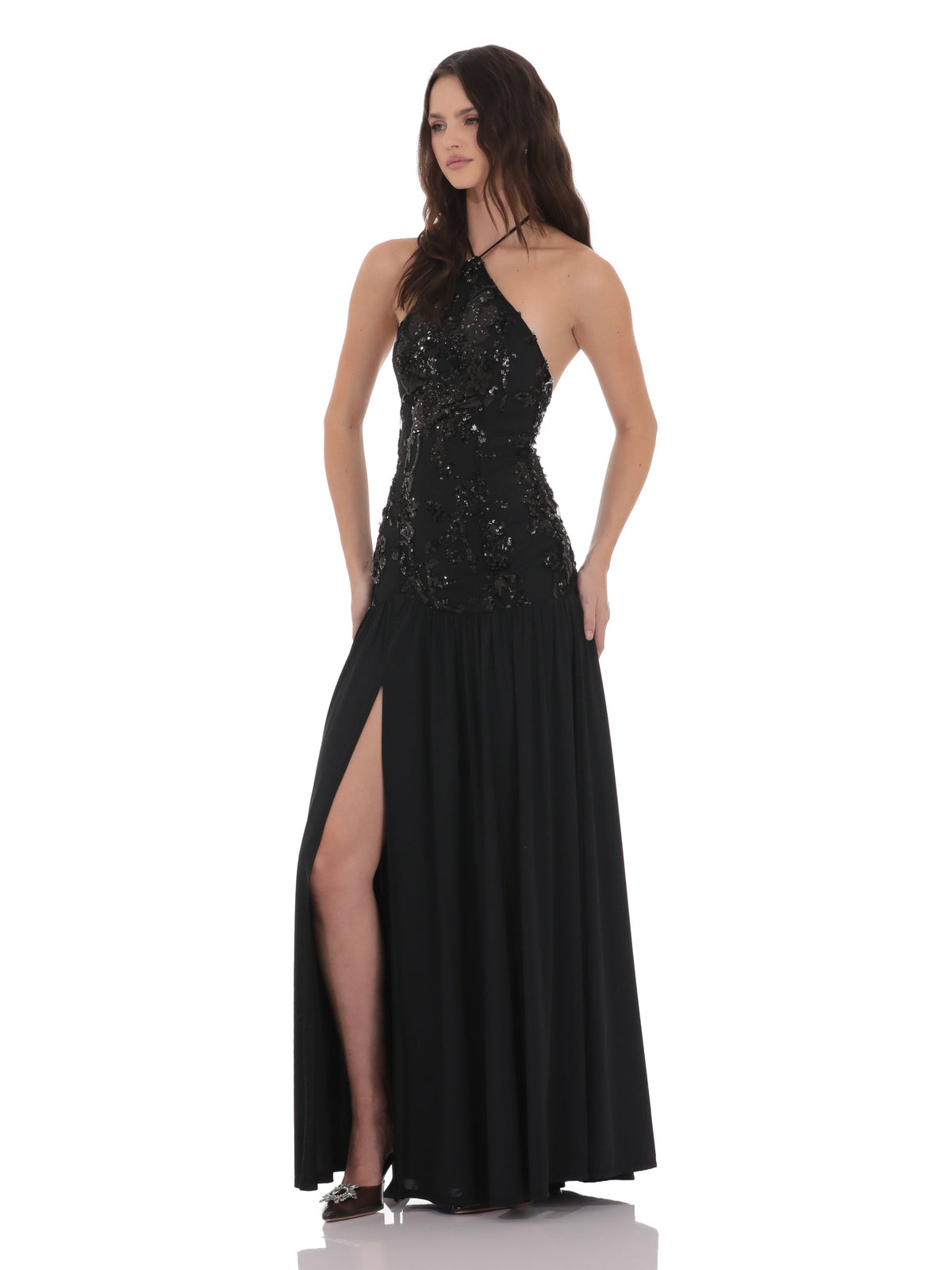 Black bridesmaid dress with drop-waist silhouette and maxi length