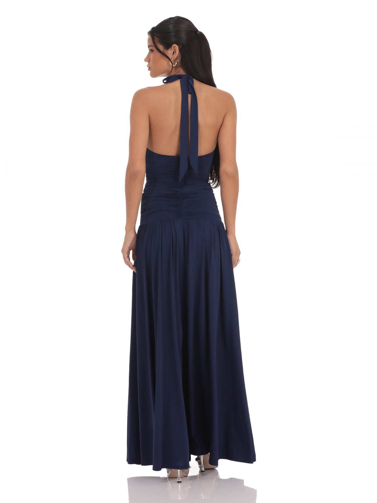 Navy bridesmaid dress with drop-waist silhouette and maxi length