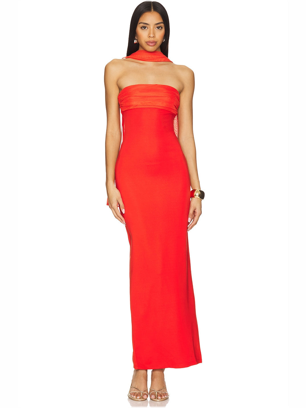 Bright Red sheath maxi formal dress with strapless neckline, full-length front view