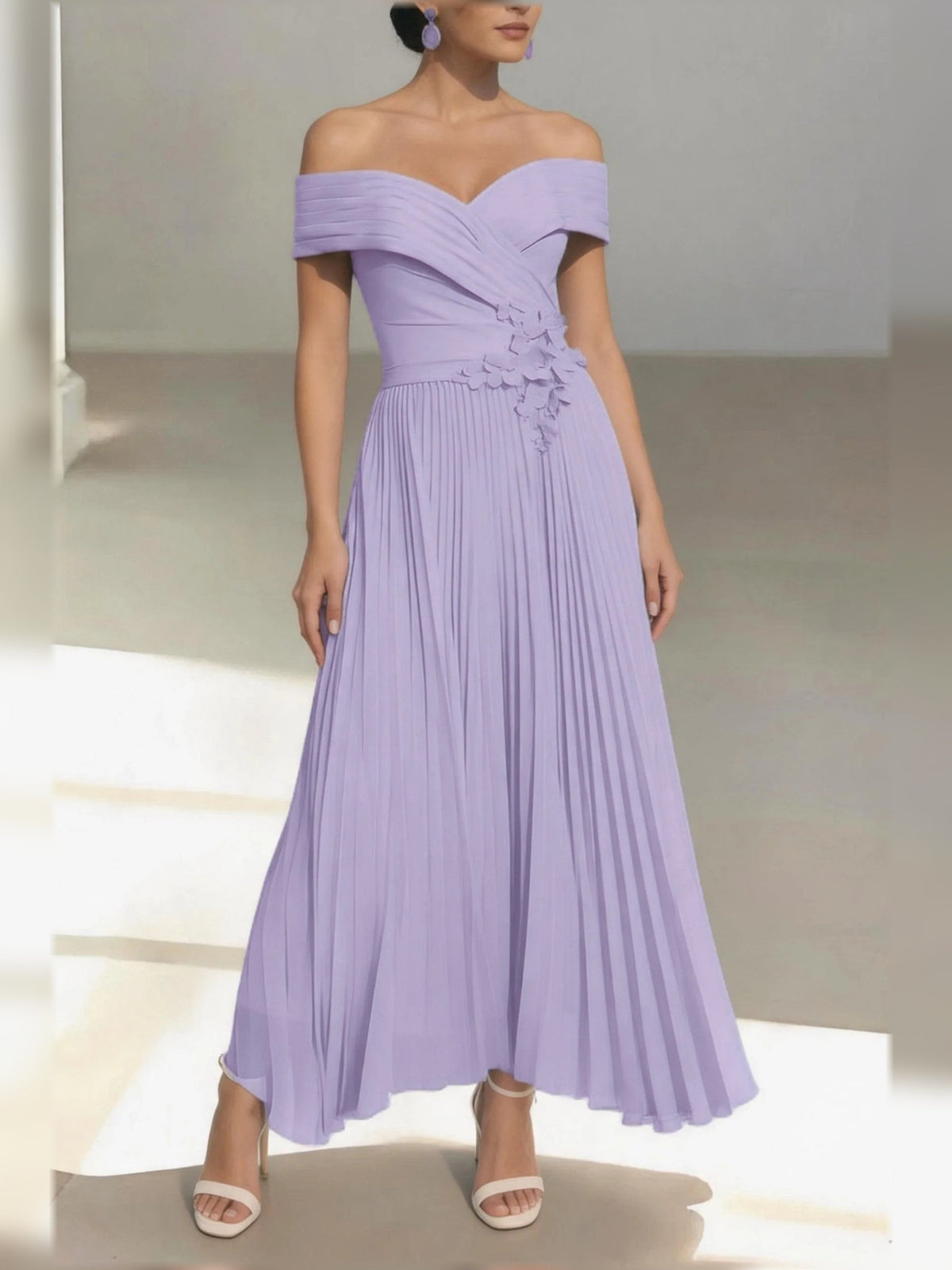 Lilac one-shoulder A-line satin midi dress with ruched bodice and pleated skirt