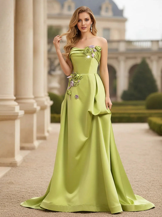 Olive green strapless sweetheart floor-length formal gown with floral appliqués