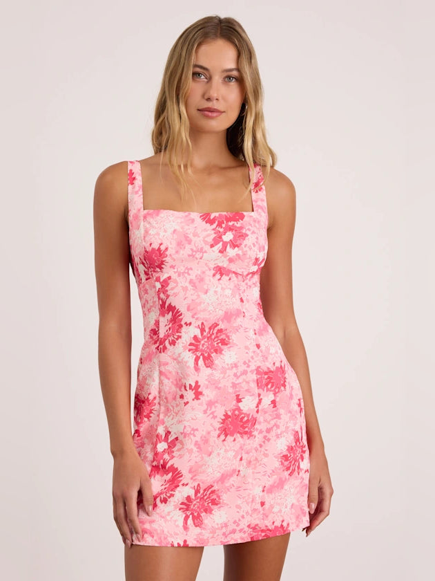 Light pink floral sleeveless mini dress with square neckline