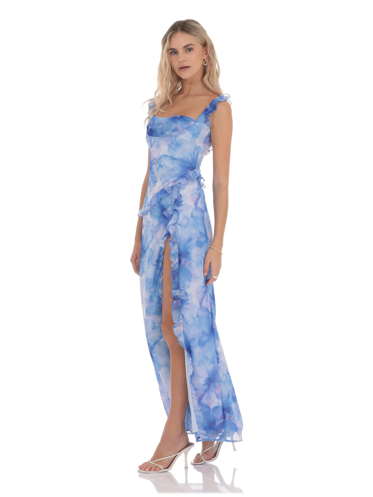 Blue bridesmaid dress with a-line silhouette and maxi length