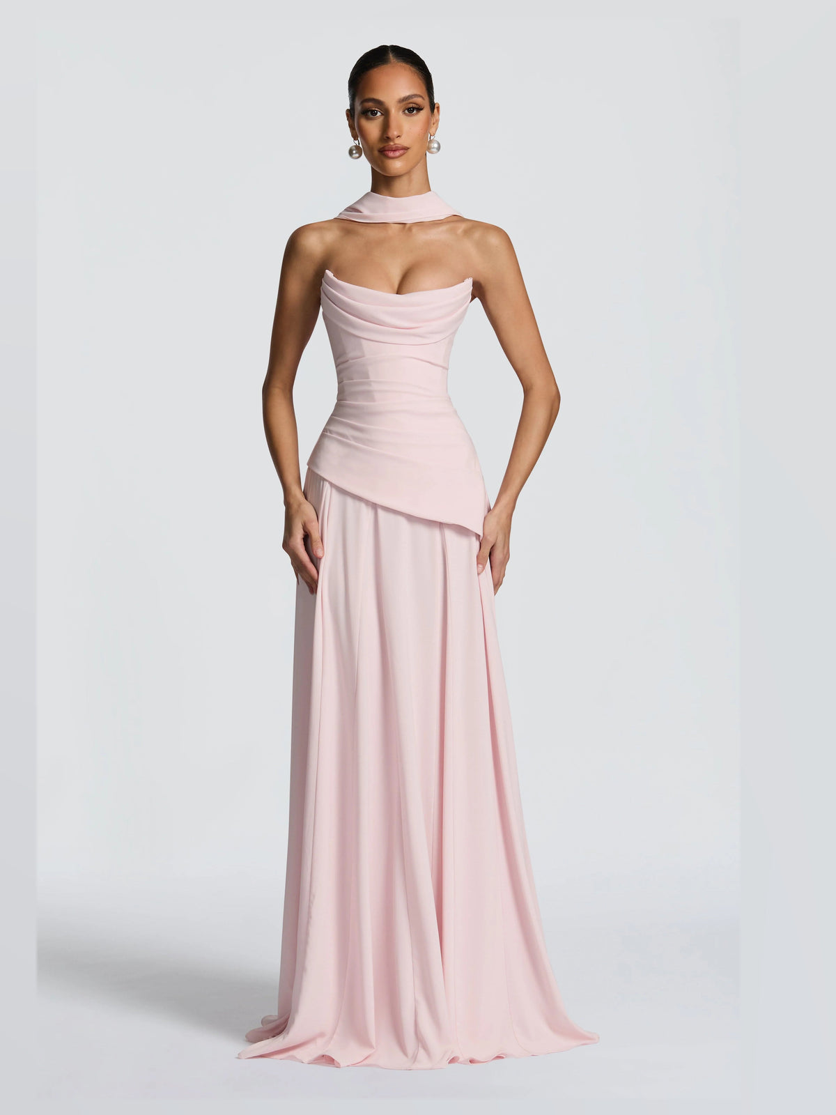 Blush maxi formal dress, front full-length view showing the neckline