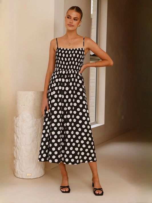 Black White Polka Dot midi formal dress with printed pattern, full-length front view