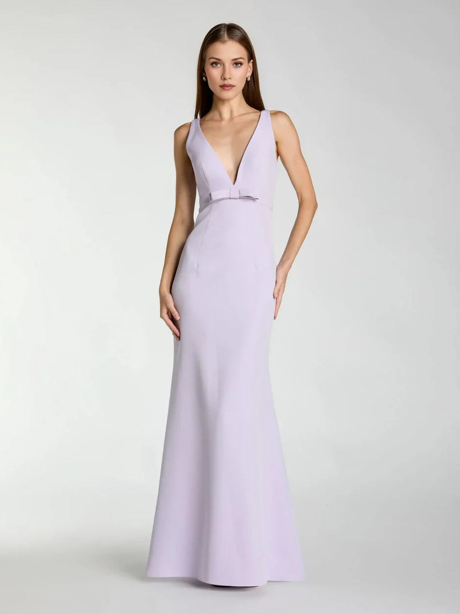 Lilac V-neck sleeveless mermaid formal dress, floor length with waist belt detail.