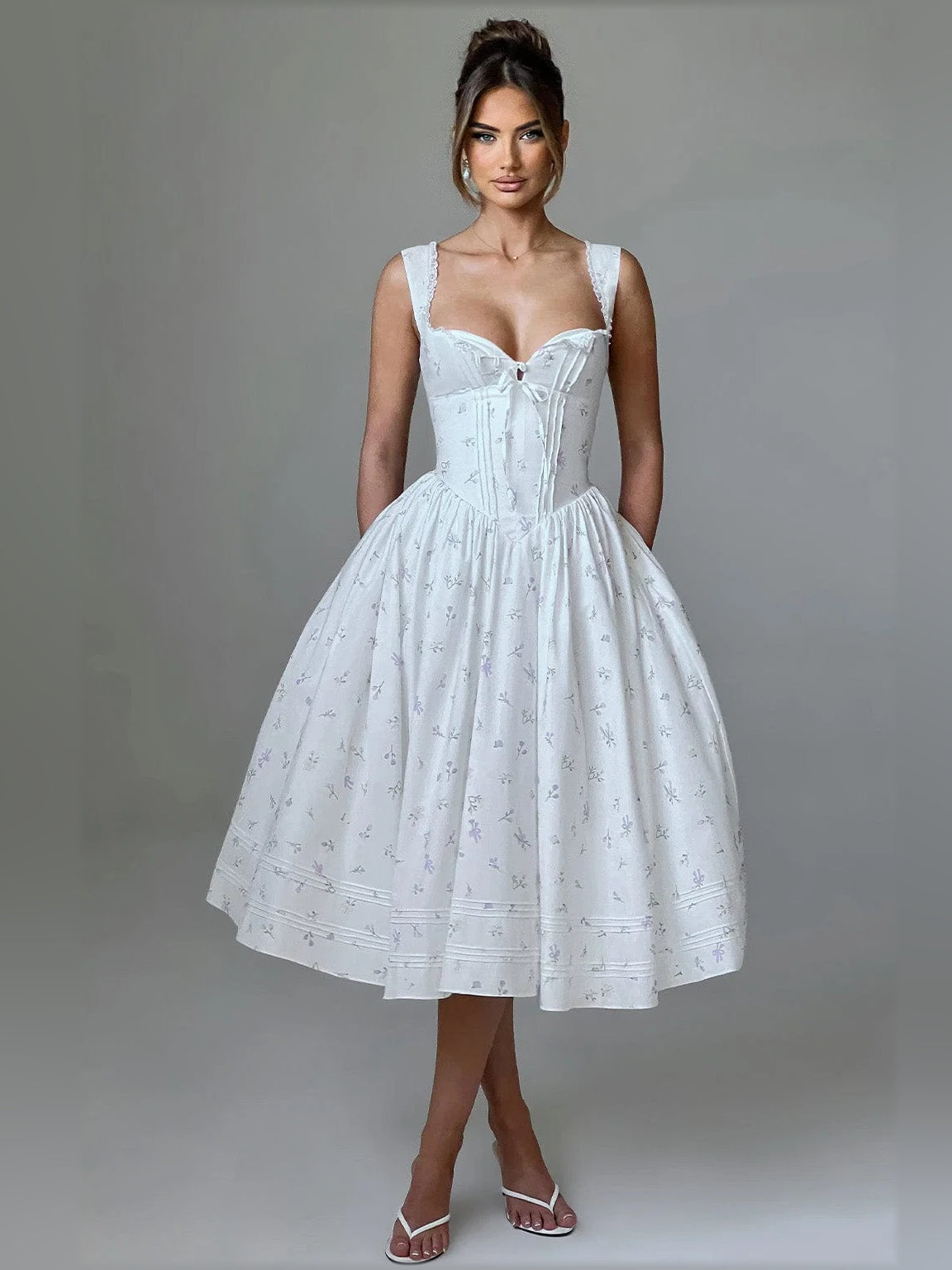 White midi formal dress with sweetheart corset bodice, lace-trim straps, full pleated skirt