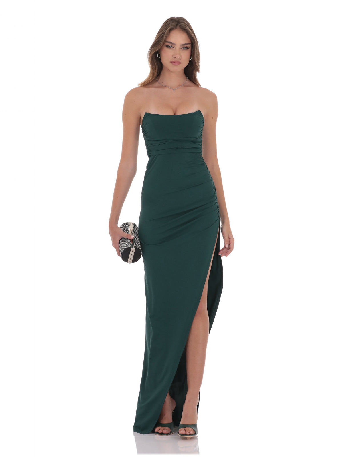 Green bridesmaid dress with a-line silhouette and maxi length