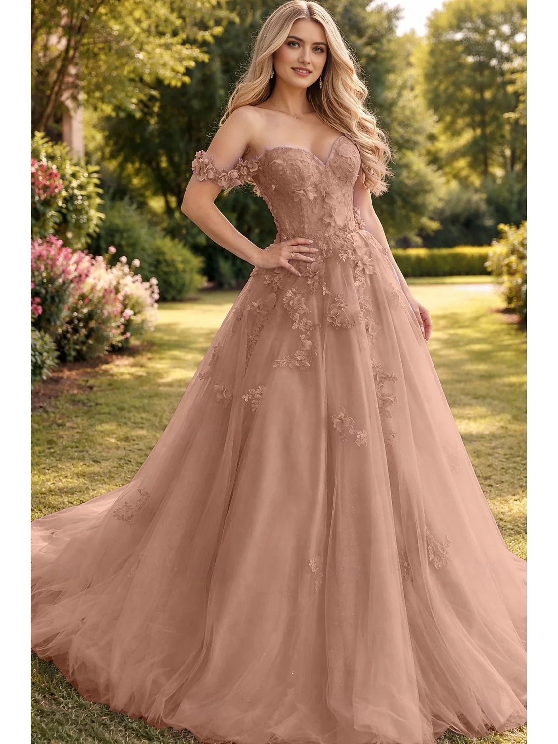 Floor-length pink tulle prom dress with sweetheart neckline, off-shoulder floral appliqué