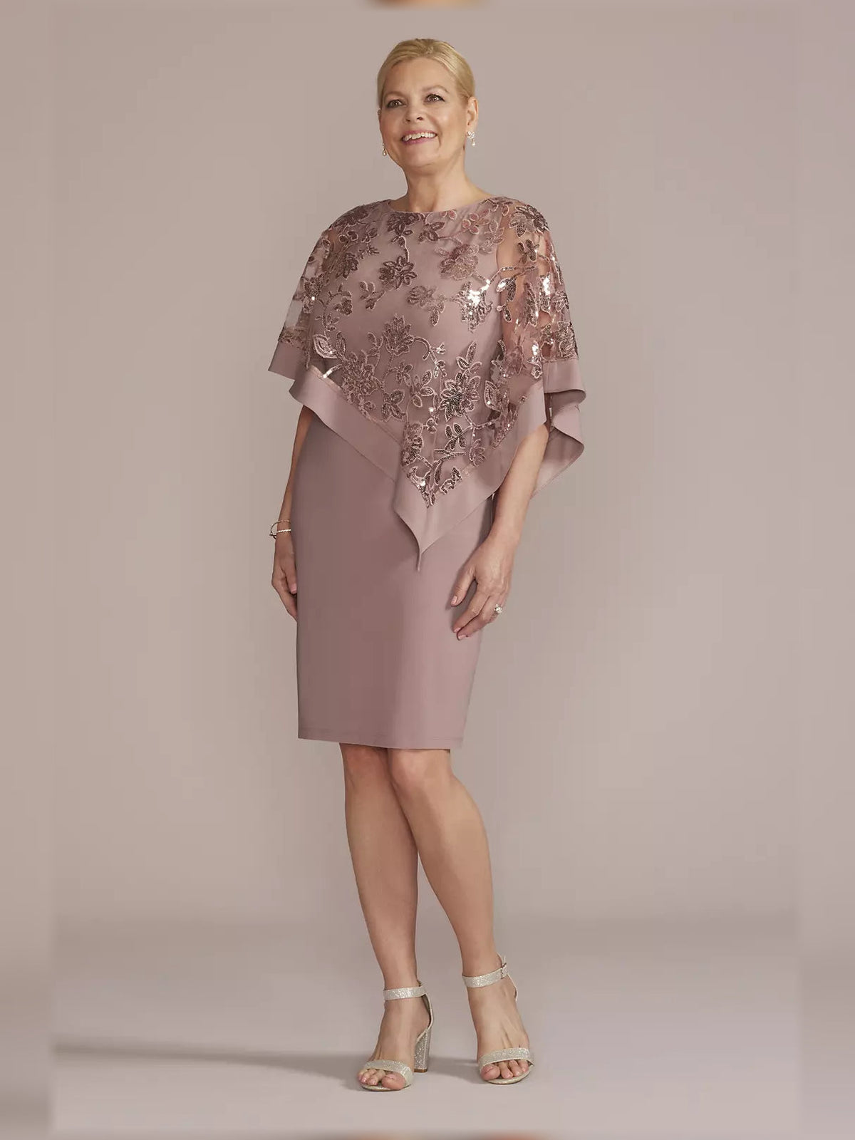 Mauve sequin sheath dress with draped cape sleeves, knee length