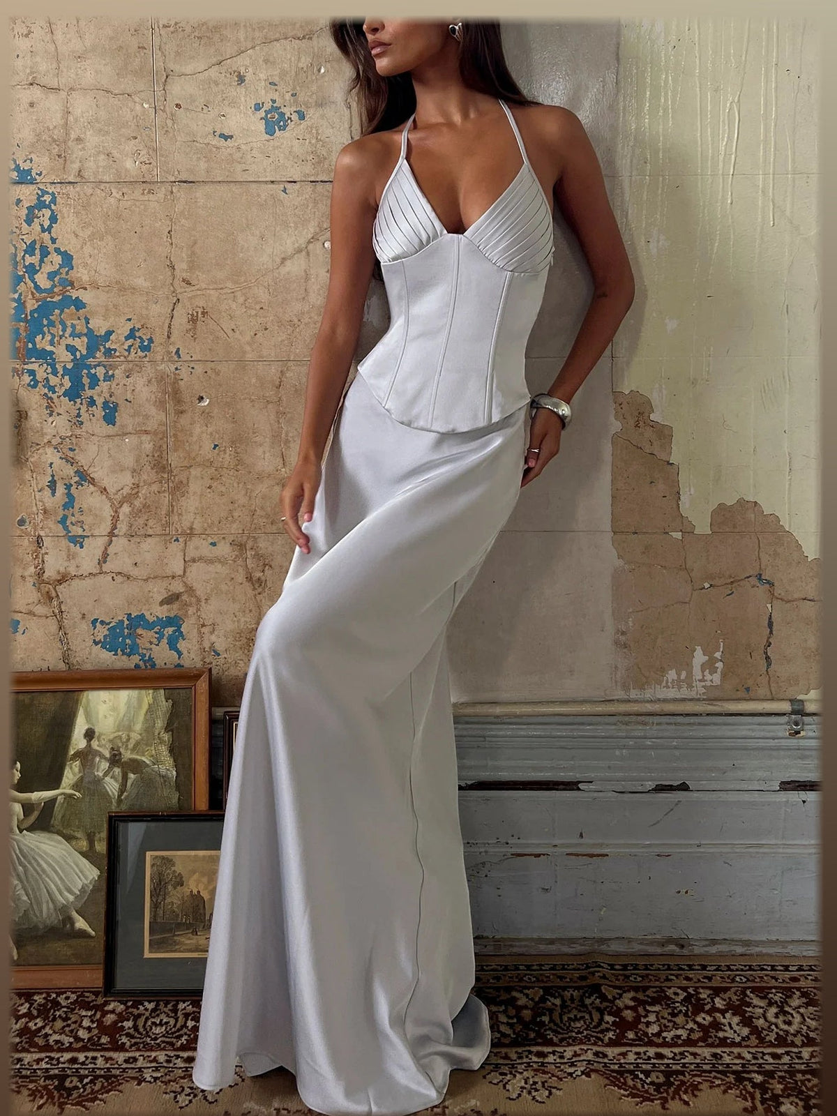 Silver formal dress with a-line silhouette and maxi length