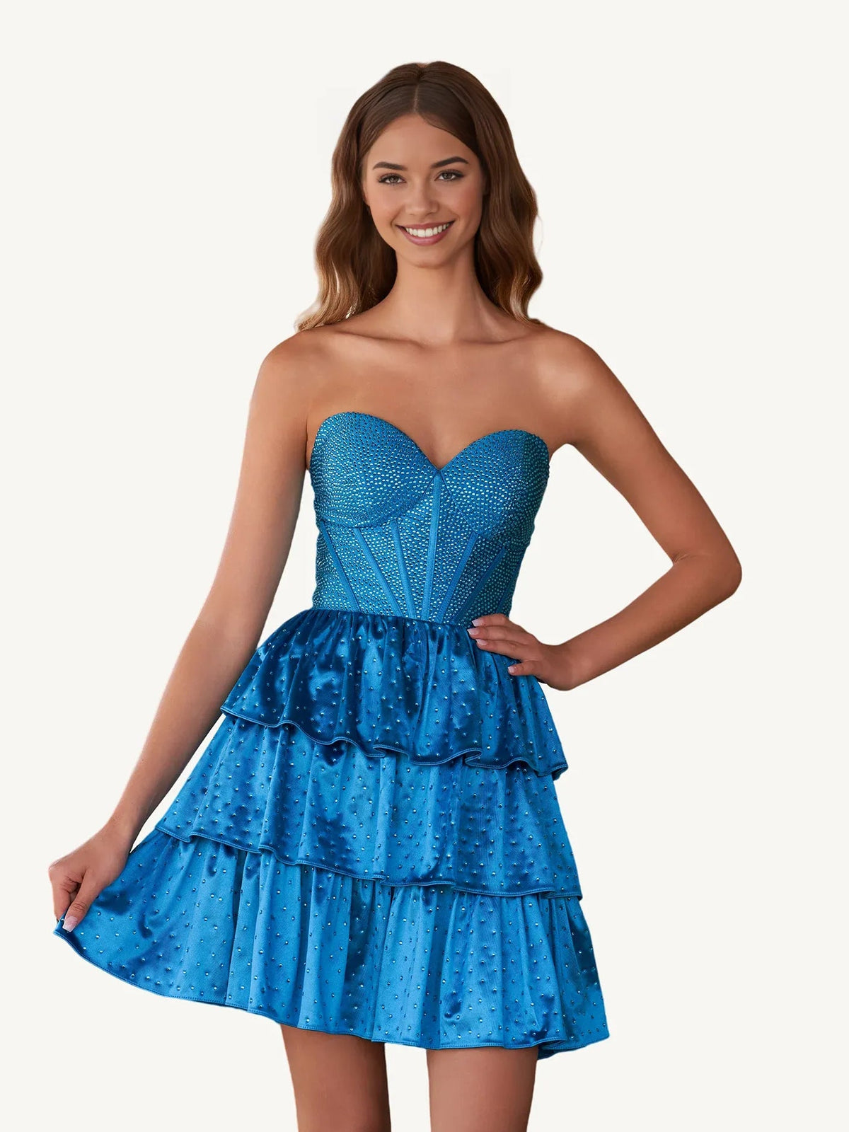Blue sweetheart corset mini dress with tiered ruffled A-line skirt