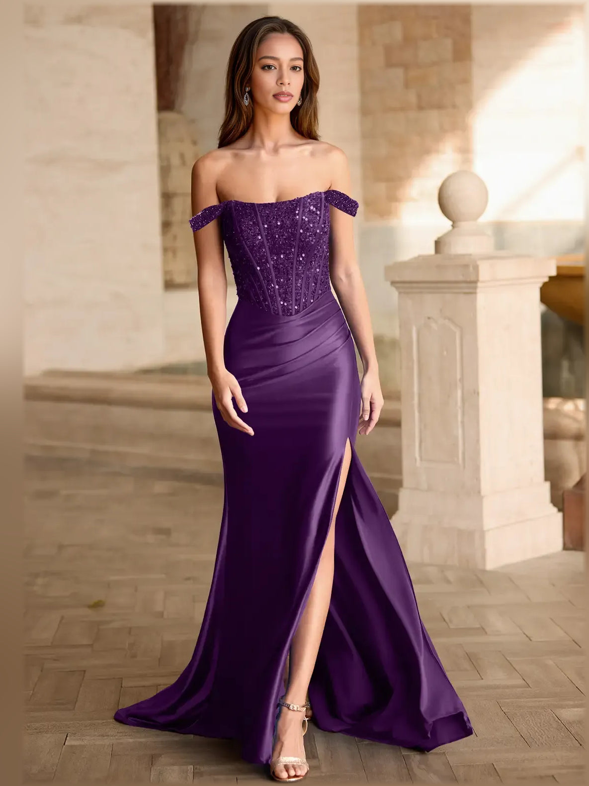 Off-shoulder mermaid formal dress in grape purple with sequin bodice and front slit