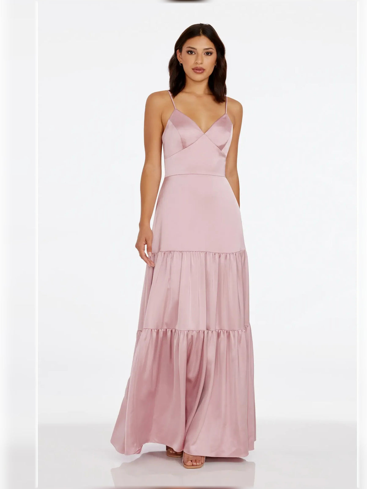 Rose pink V-neck spaghetti strap tiered floor-length formal dress