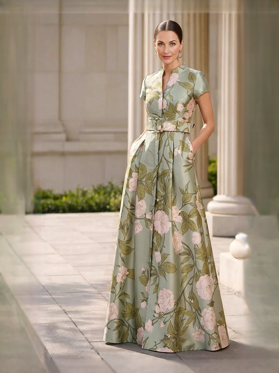 Green floral pleated satin maxi dress with high neckline and short sleeves, A-line fit