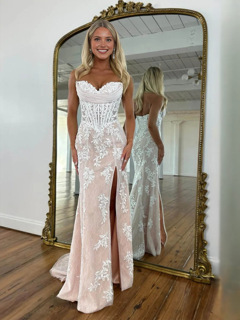 Beige mermaid prom dress with sweetheart neckline, lace overlay, and side slit