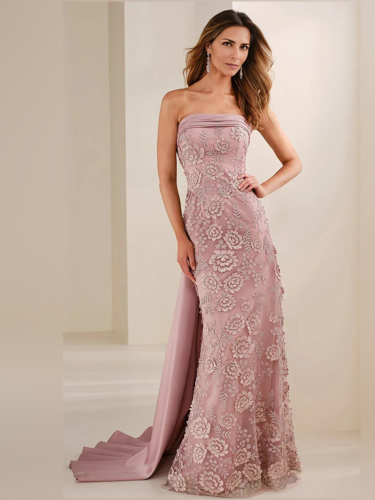 Strapless dusty rose lace mermaid formal dress with floor-length train