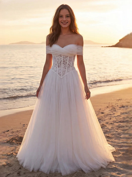 Ivory off-shoulder lace bodice tulle A-line wedding dress, floor-length