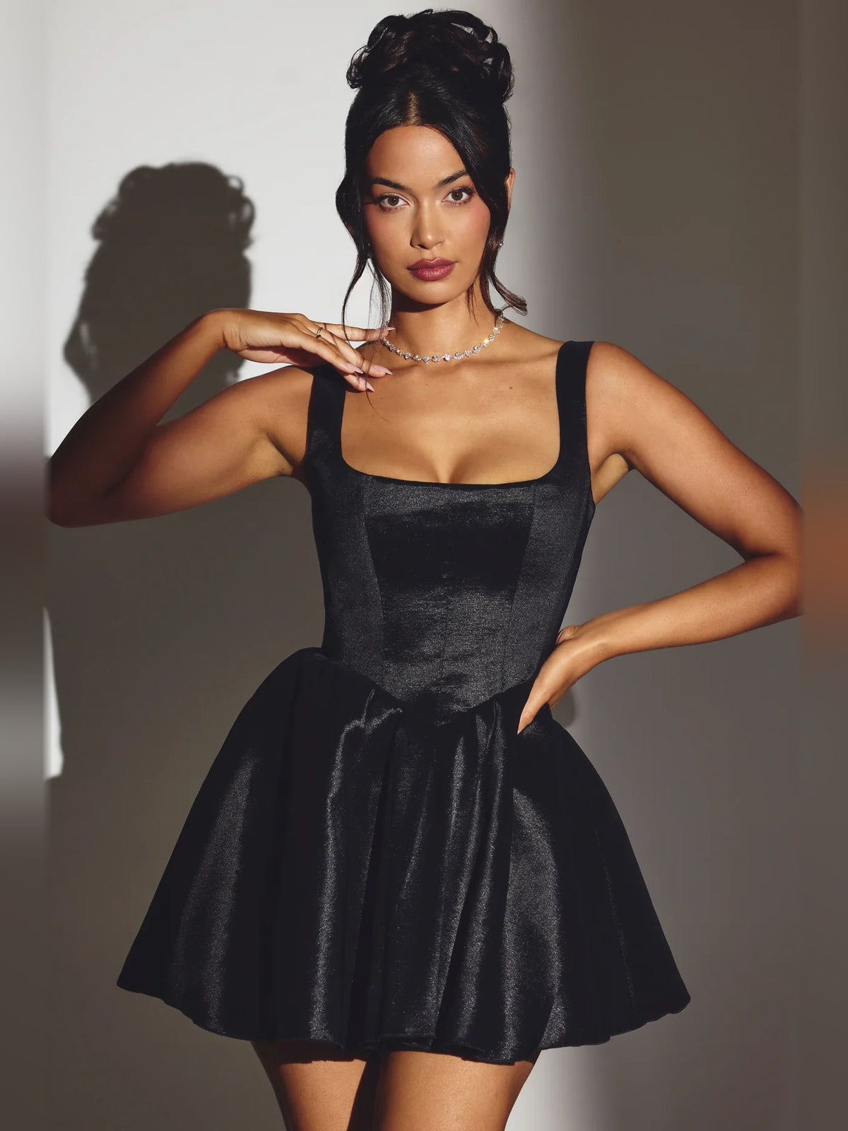 Black corset mini homecoming dress, square neckline and spaghetti straps