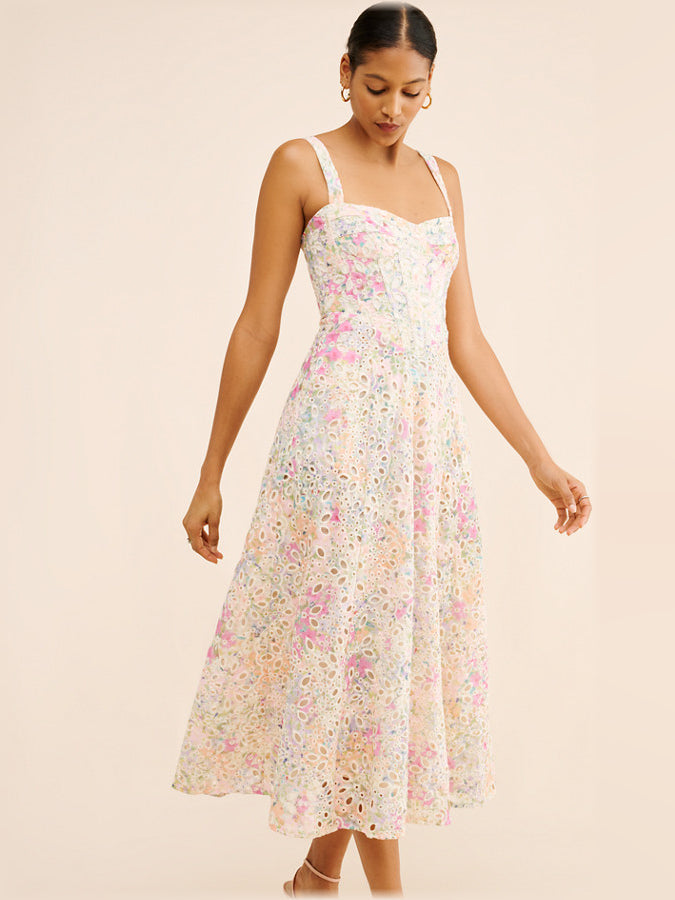 Eyelet corset midi dress with spaghetti straps, sweetheart bodice, and tiered skirt
