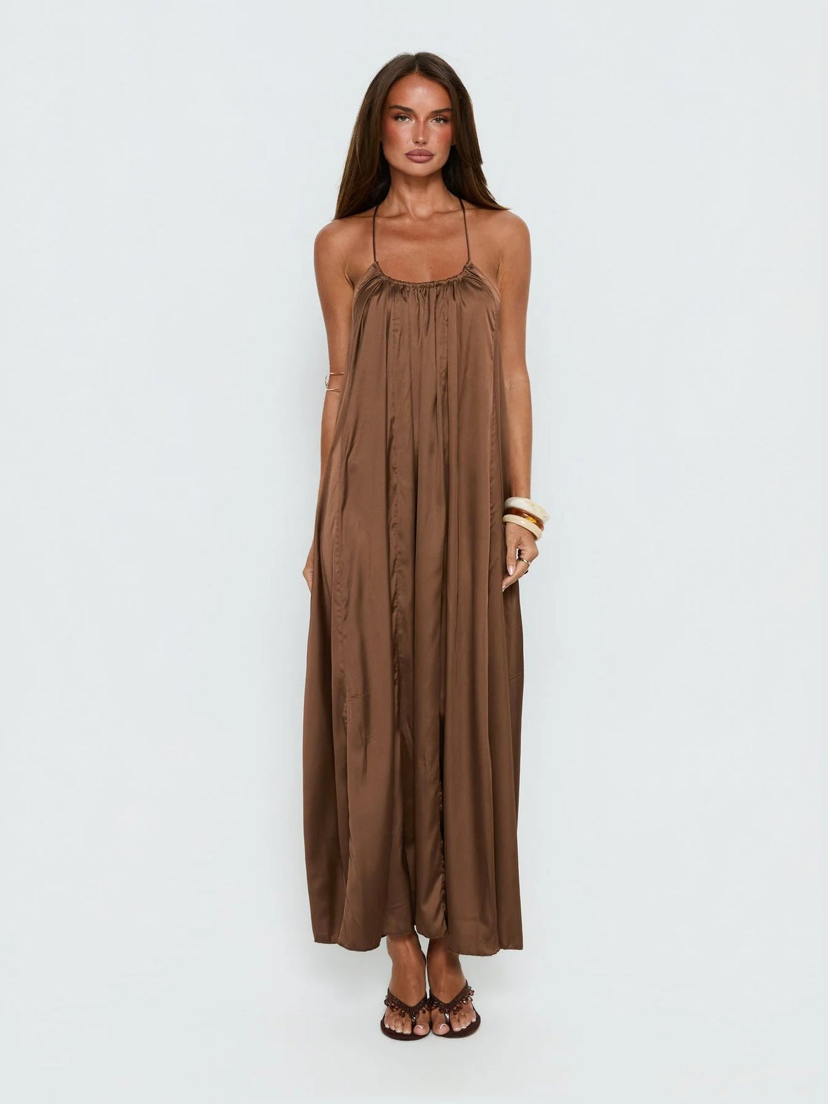 Chocolate formal dress with a-line silhouette and maxi length
