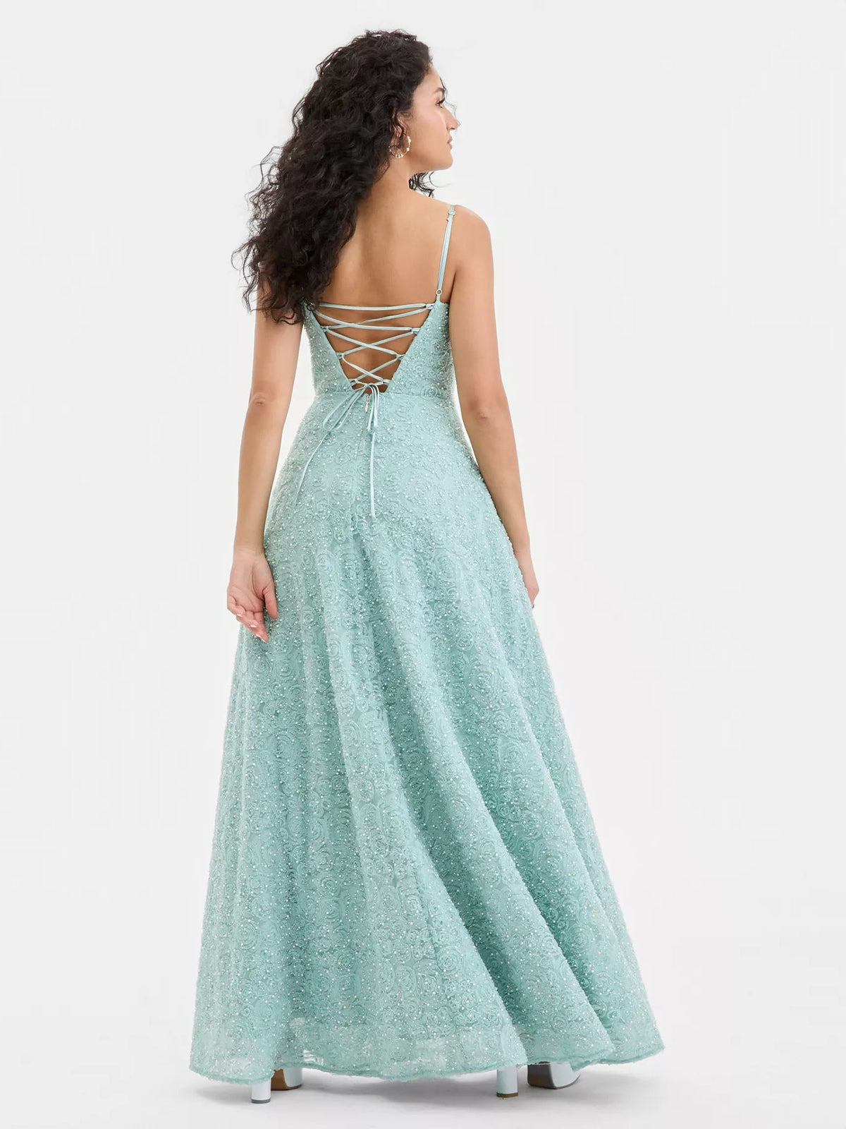 Mint green beaded square-neck A-line maxi prom dress, crisscross open-back straps