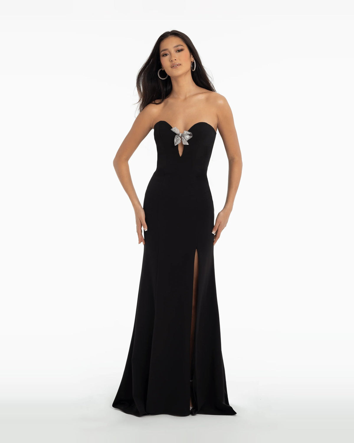 Black sweetheart trumpet maxi prom dress with side slit and jeweled bow at bust