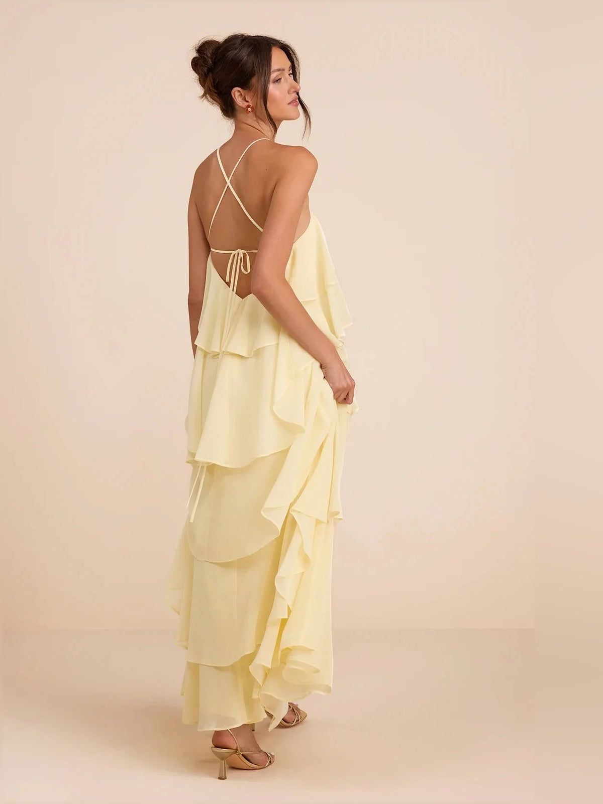 Pale lemon tiered ruffle V-neck A-line maxi chiffon dress with crisscross back straps