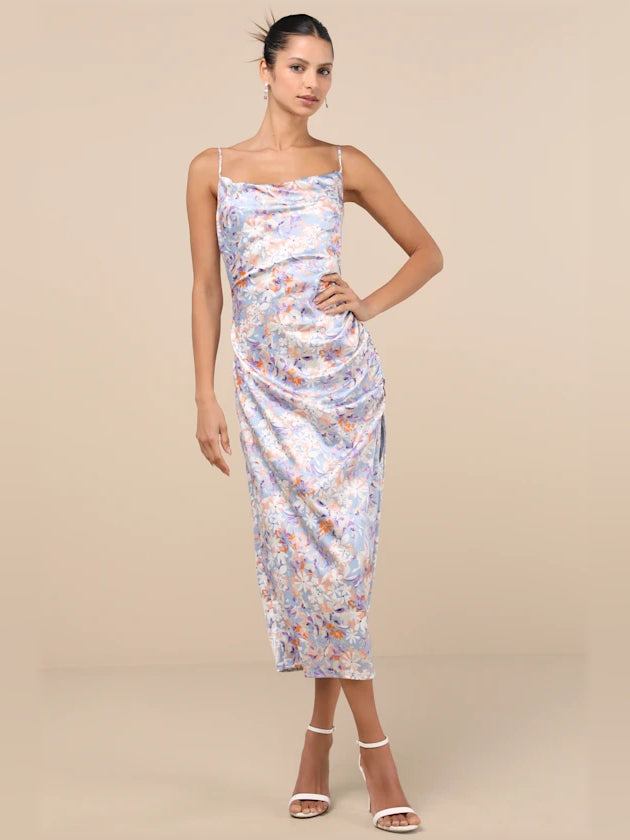 Floral print ruched midi formal dress with thin straps and front slit