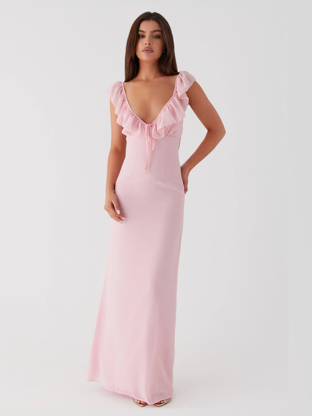 Pink maxi formal dress, front full-length view showing the neckline