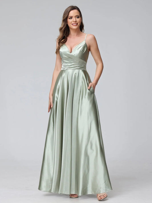 Sage satin v-neck A-line prom dress with thin straps, ankle-length full skirt