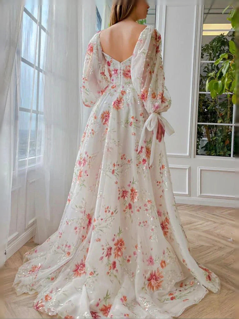 Floral tulle prom dress with open back, sweetheart neckline, long puff sleeves, A-line.