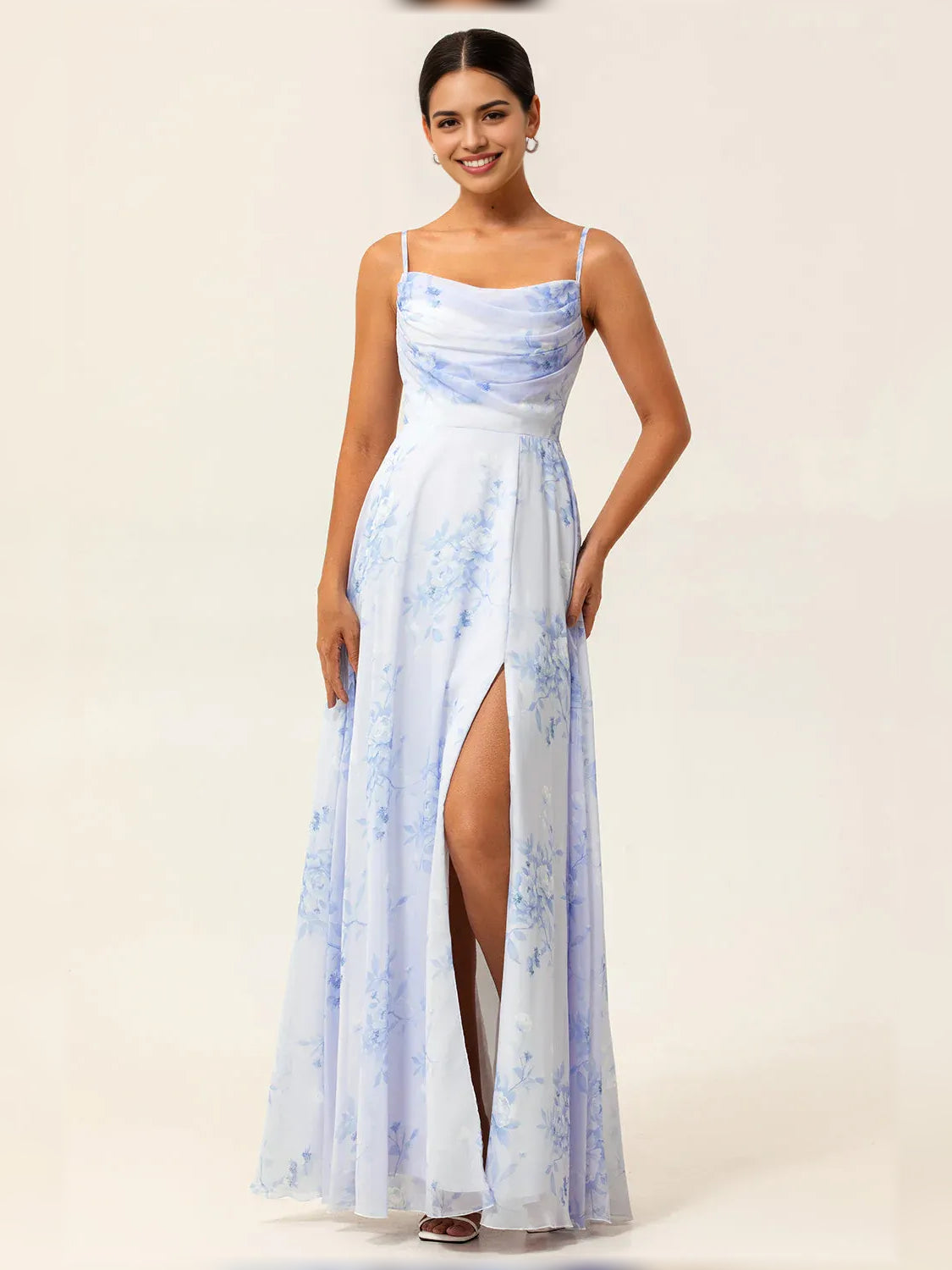Light blue floral cowl-neck formal dress with spaghetti straps and front slit, floor-length