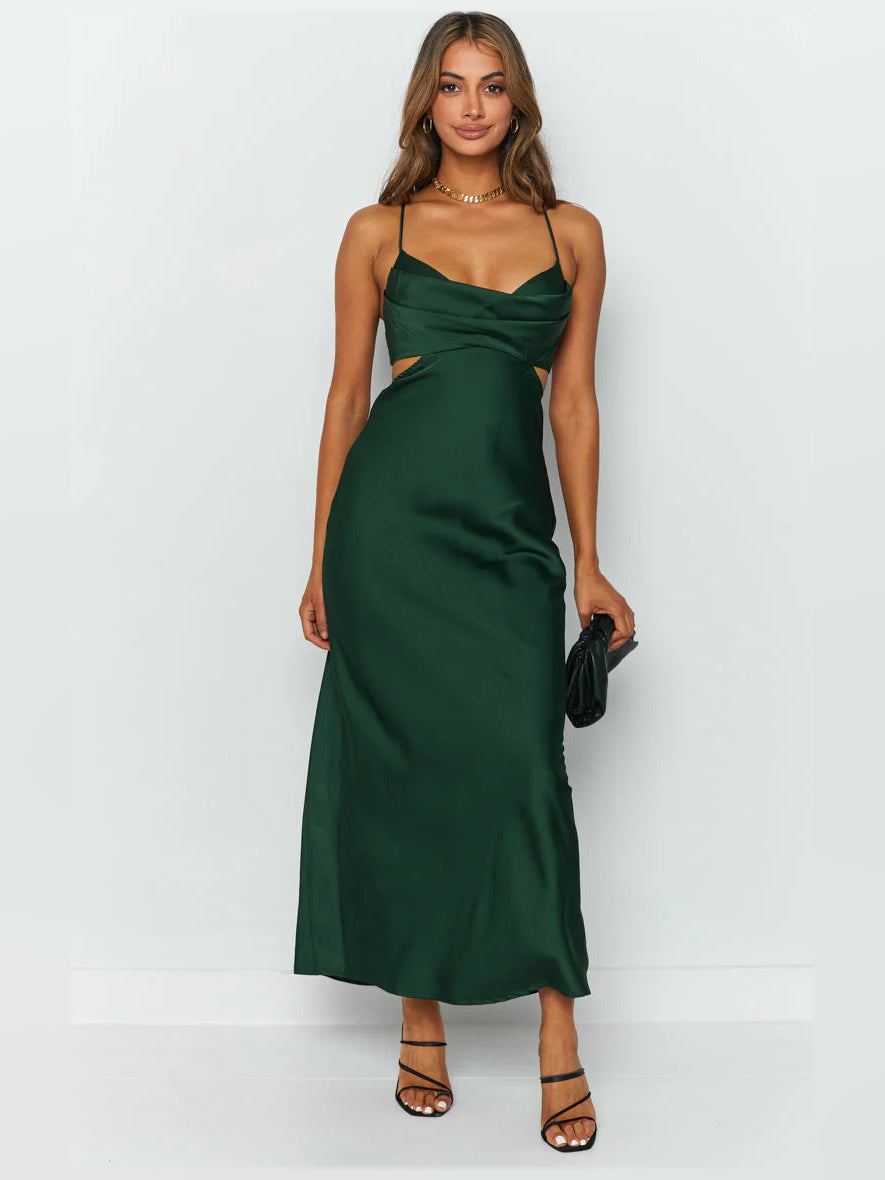 Green sheath maxi formal dress with sweetheart neckline, full-length front view