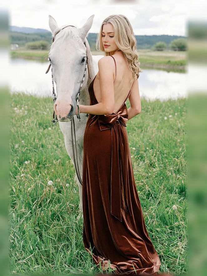 Brown velvet bridesmaid dress with scoop neck, A-line skirt, and back bow