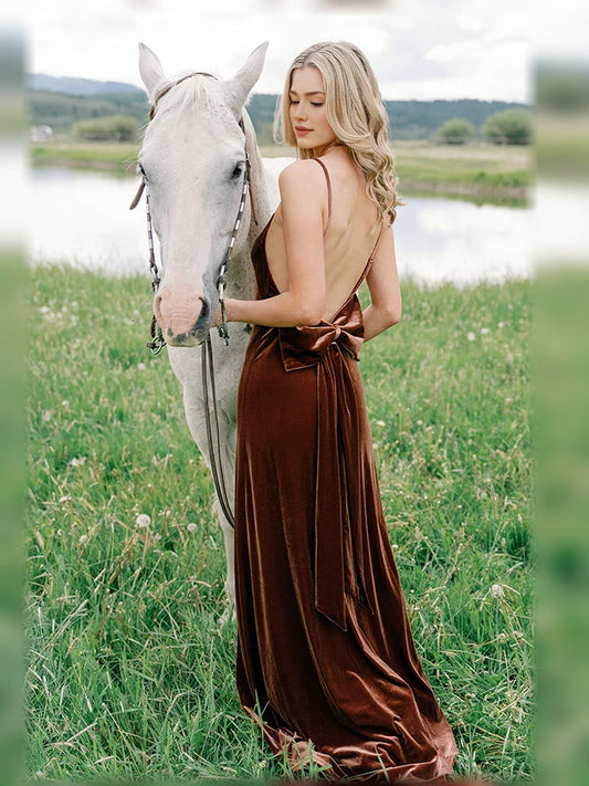 Brown velvet bridesmaid dress with scoop neck, A-line skirt, and back bow