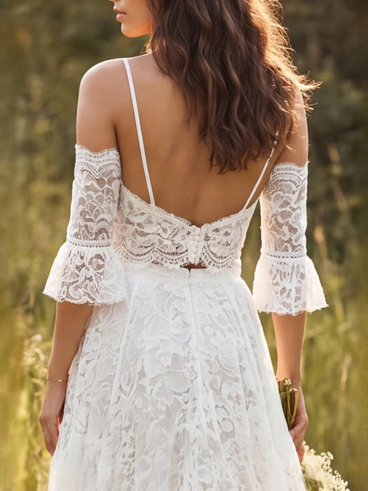Ivory lace A-line maxi wedding dress, V-back with spaghetti straps and sheer lace sleeves