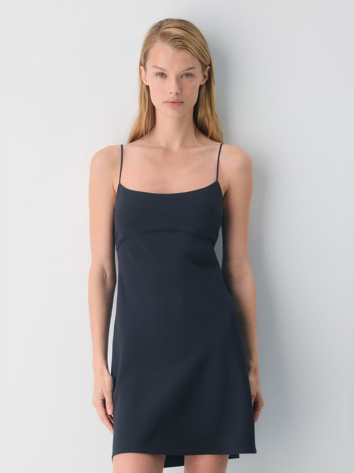 Navy mini crepe homecoming dress, spaghetti straps, square neckline, fitted bodice