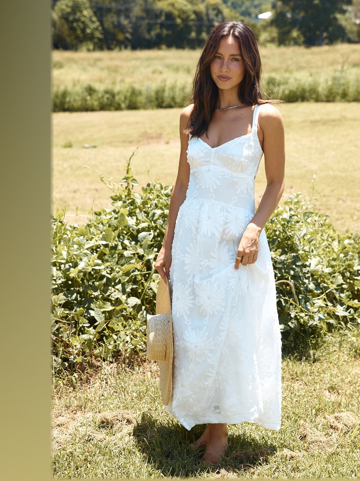 White midi formal dress, front full-length view showing the neckline