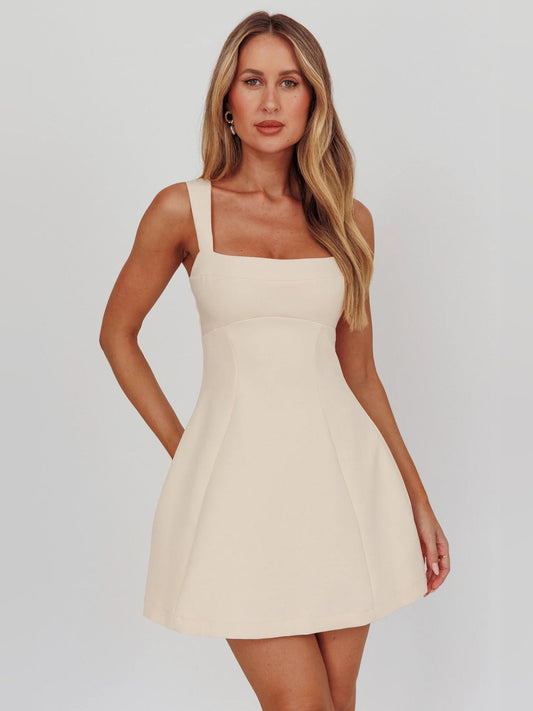 Apricot A-line mini homecoming dress, square neckline, sleeveless bodice