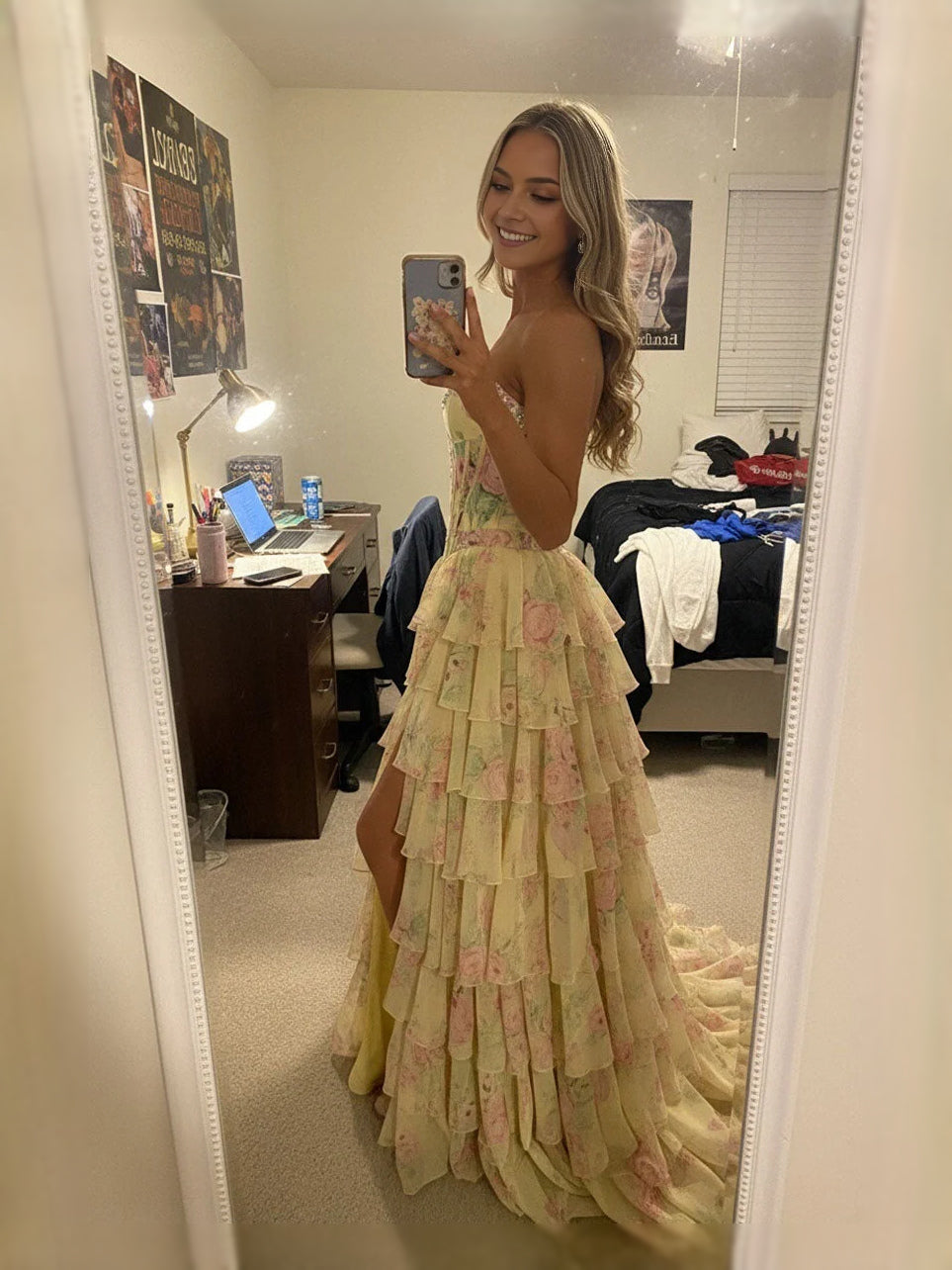 Pale lemon strapless corset prom dress with tiered floral ruffles and front slit, floor length
