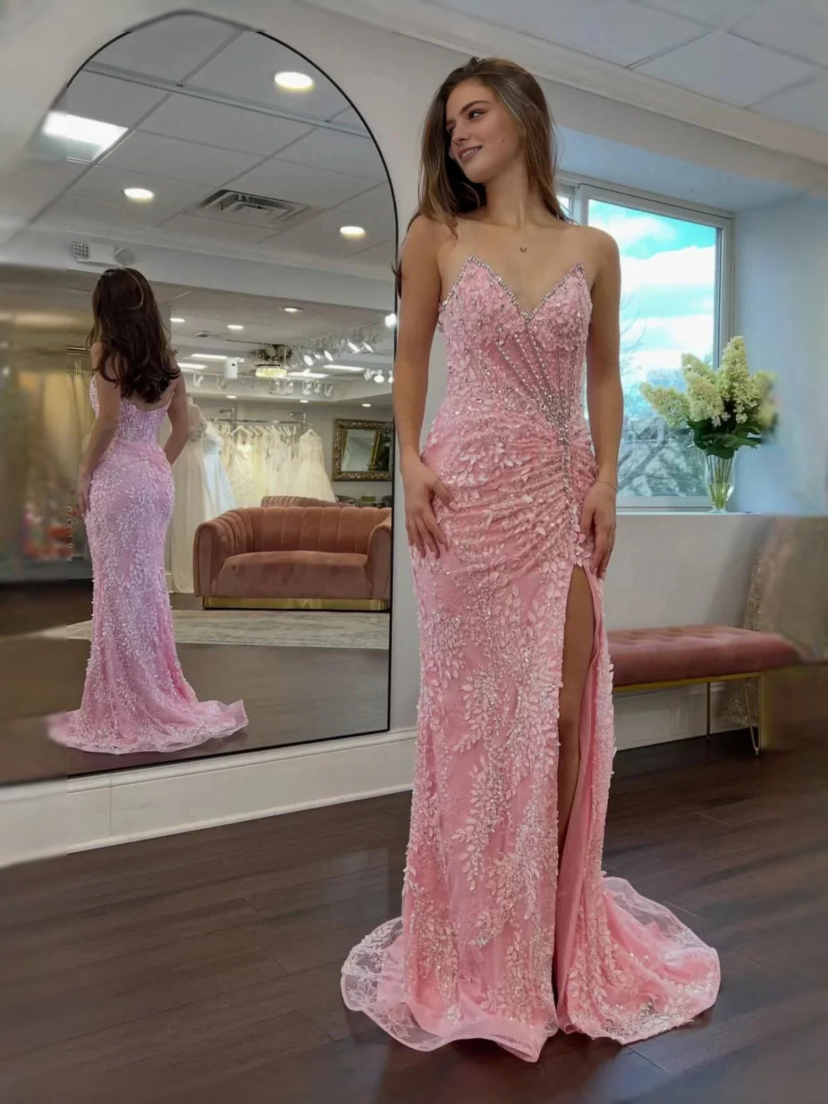 Blush pink ruched beaded sweetheart mermaid maxi dress with front slit