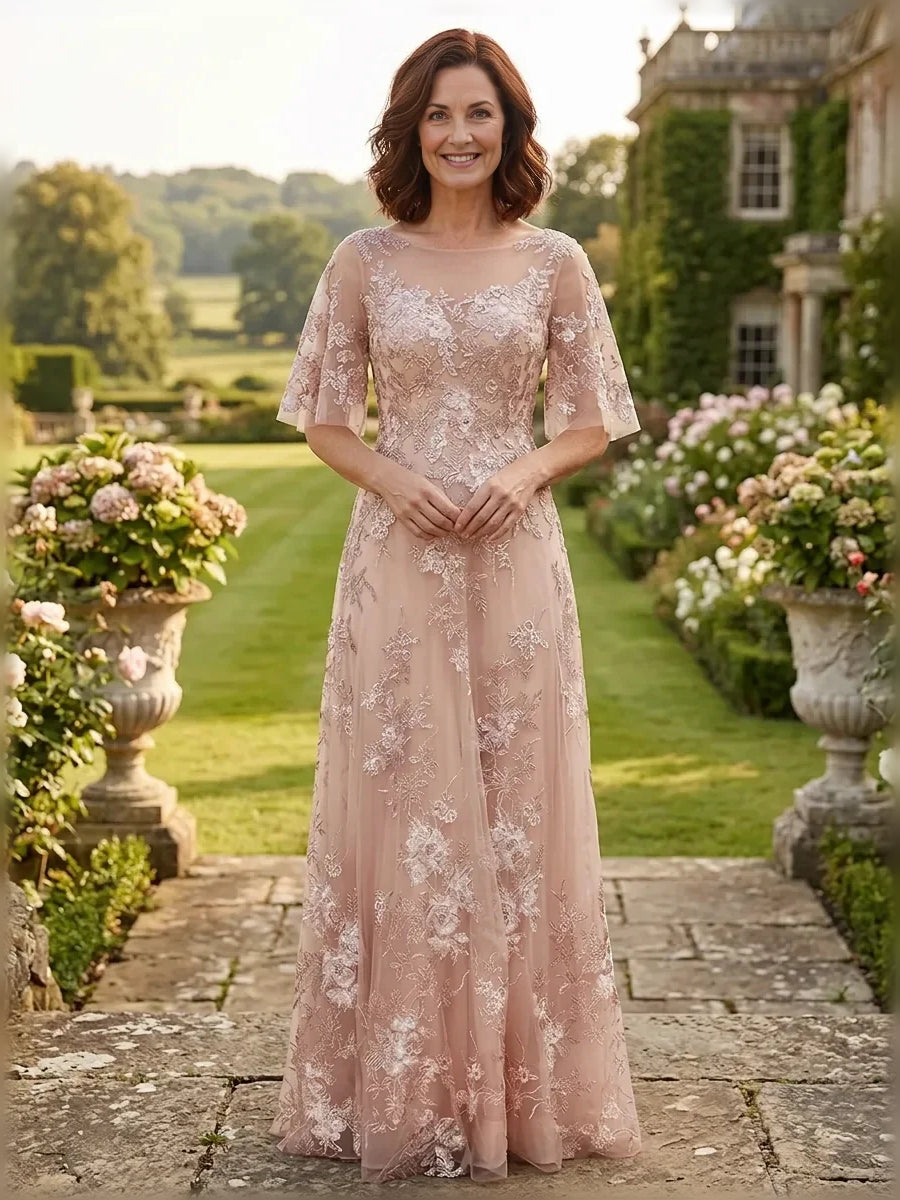 Pearl pink floral tulle A-line dress, bateau neck, short sleeves, floor-length