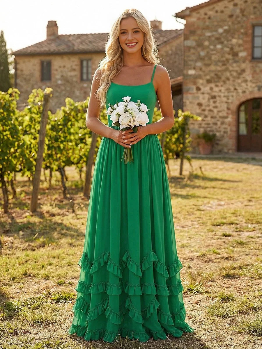 Forest green chiffon bridesmaid dress with square neck and tiered ruffle skirt