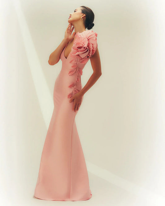 Blush pink A-line maxi dress with large rosette floral applique on shoulder