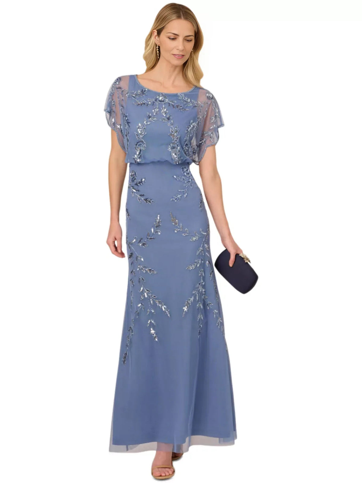 Dusty blue beaded round-neck sheath maxi dress with short flutter sleeves
