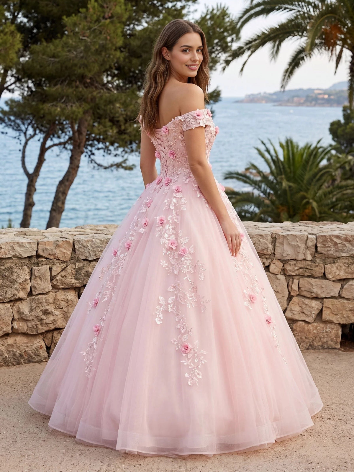 Blush pink off-shoulder floral tulle prom dress with corset bodice, A-line skirt