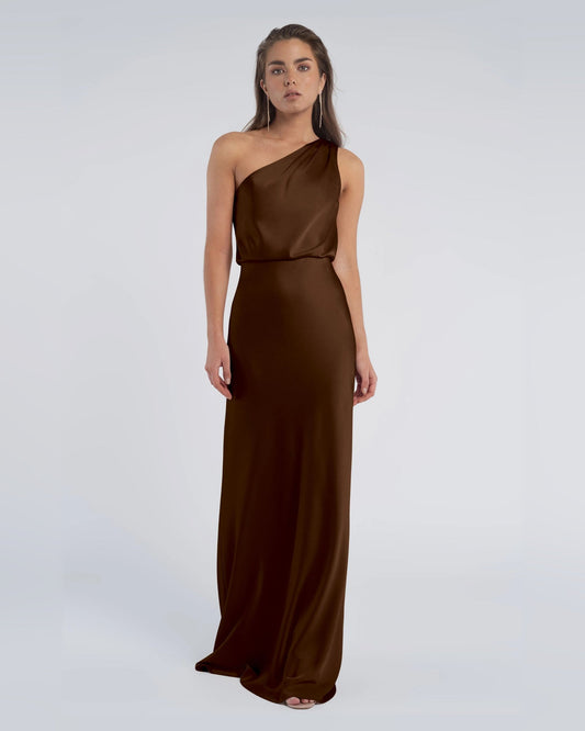 Chocolate one-shoulder A-line maxi dress with draped bodice, sleeveless formal gown