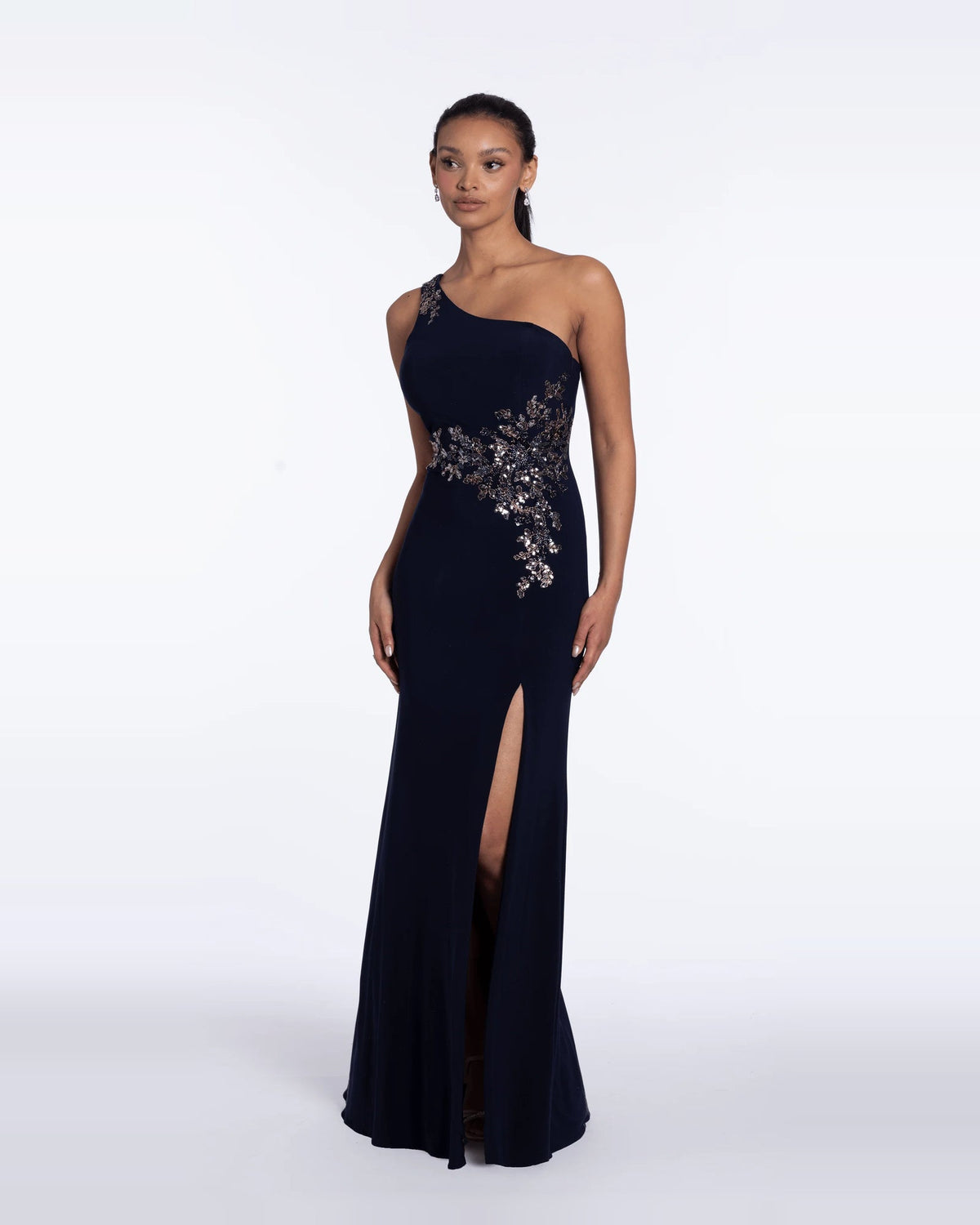Navy one-shoulder column maxi dress with jeweled ruched bodice and side slit